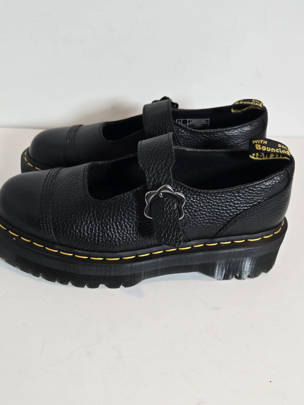 Dr. Martens Black Leather Mary Jane Shoes with Yellow Stitching